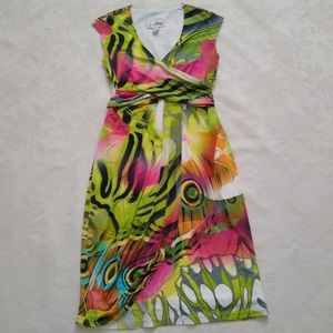 Joseph Ribkoff faux wrap v-neck ruched scarf print